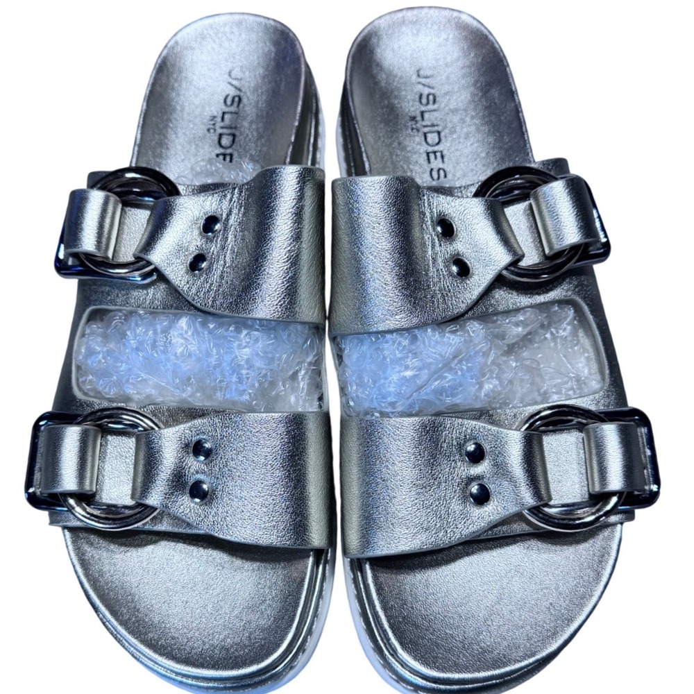 J/Slides Sandals Womens 8 Leather Metallic Platform Buckle Slides Artsy Y2K